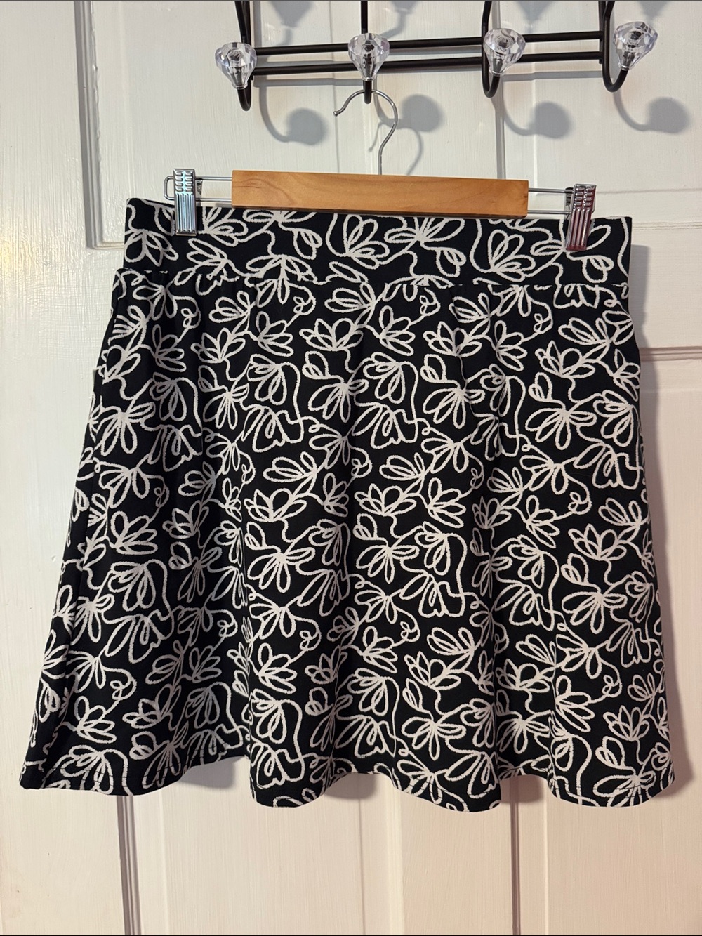 Pact Black A-Line Mini Skirt with White Floral Stitching Organic Cotton Size L